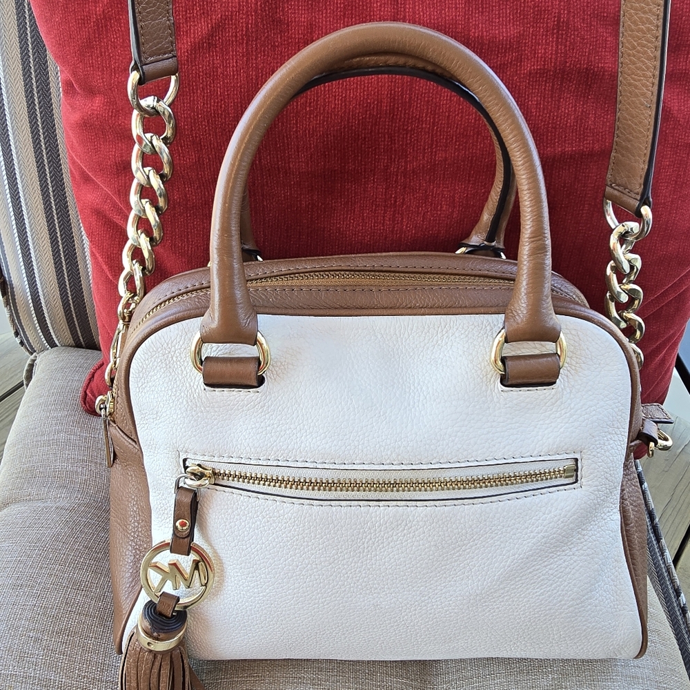 Michael Kors Knox Tassel Cream, Brown, & Gold Hardware & Crossbody Strap 11x9x5 - Picture 9 of 13